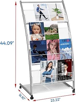 LIWSHWZ Magazine Rack Floor Standing,Brochure Display Stand, 4 Pockets Metal Literature Stand,Newspaper Rack with Wheels for Trade Show Exhibitions Office Retail Store