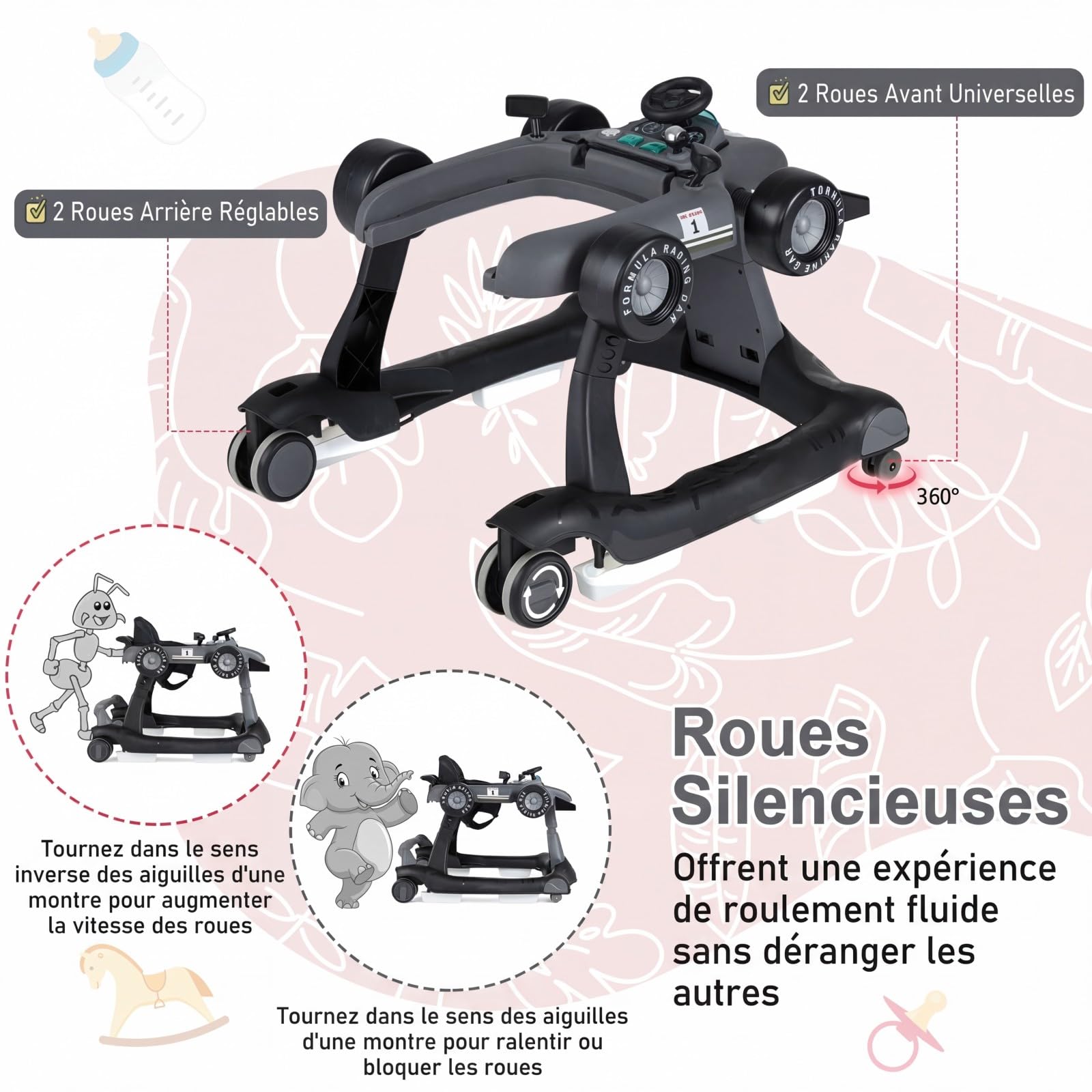 COSTWAY Trotteur Bébé Garçon Pliable 4 en 1 avec 3 Hauteur Réglable, Trotteur Marche Bébé Garçon Évolutif avec Musique & Lumière, Roues Silencieuses, 5 Patins Antidérapants (Gris Foncé)