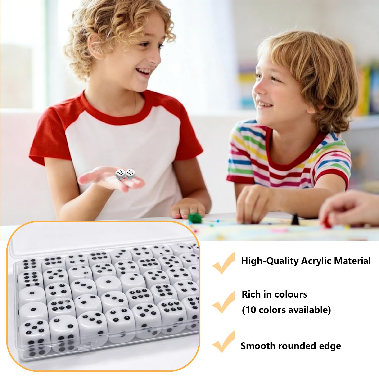 Set di 100 Dadi da Gioco 14mm, Dadi a 6 Facce Standard D6 in Acrilico, Ideale per Giochi da Tavolo e Didattica Matematica, Include 2 Scatole Contenitore Trasparenti (Bianco)