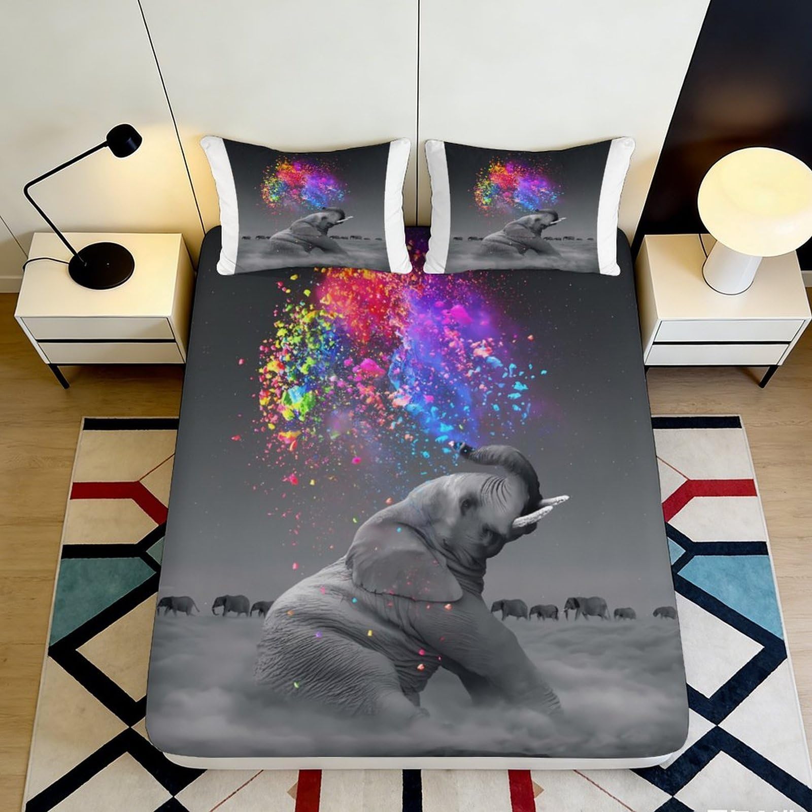 Pnayamiorkfel Style-3 3D Printed Color Splash Elephant Fitted Sheet Microfiber Soft Mattress Cover For Bedroom Dorm Decorative Use 90X200x25cm