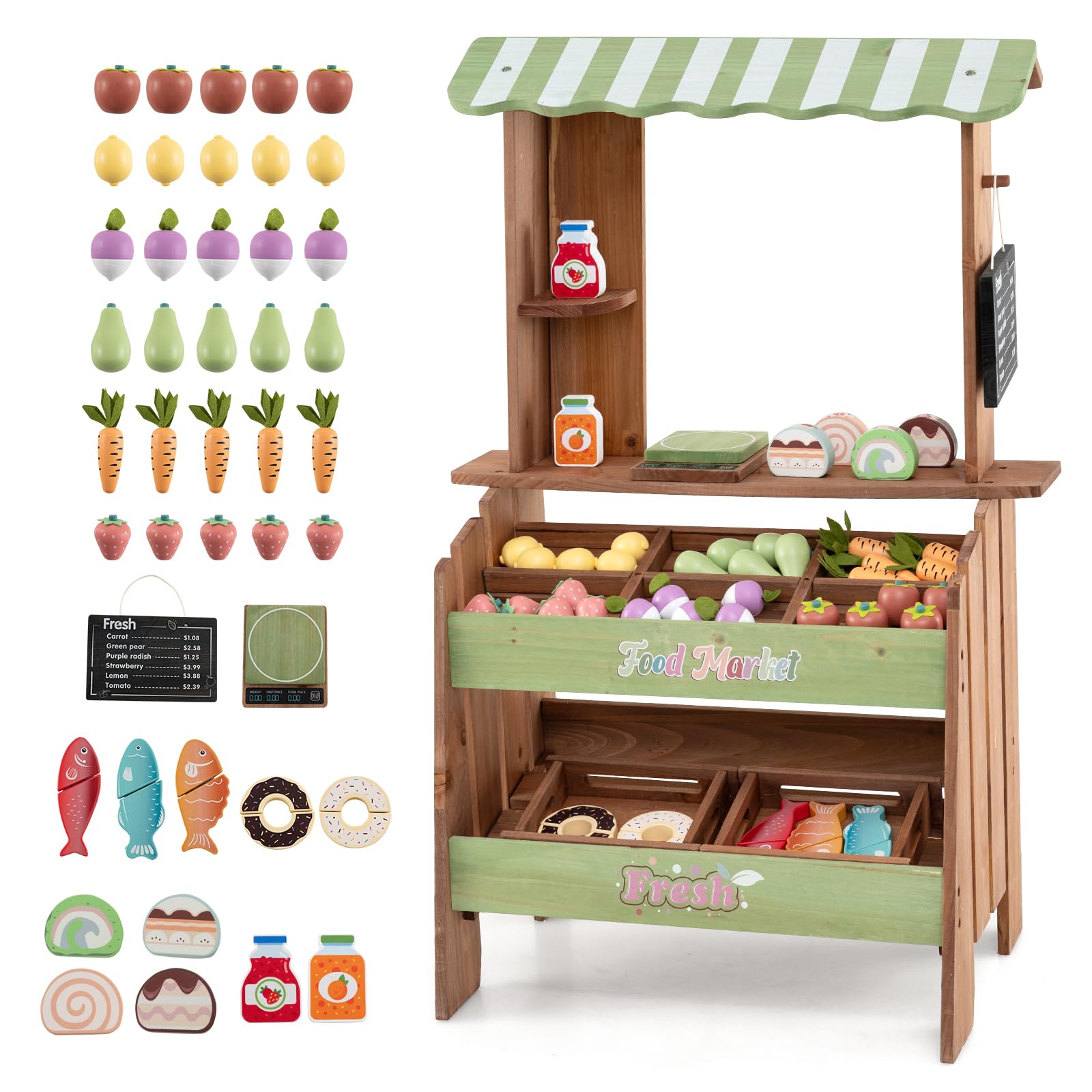 COSTWAY Kinder Kaufladen, Kaufmannsladen mit Waage, Kreidetafel, 43 Zubehör | aus Holz, Verkaufsstand mit 6 Fächern & 2 Boxen, Supermarkt für Kinder ab 3 Jahren