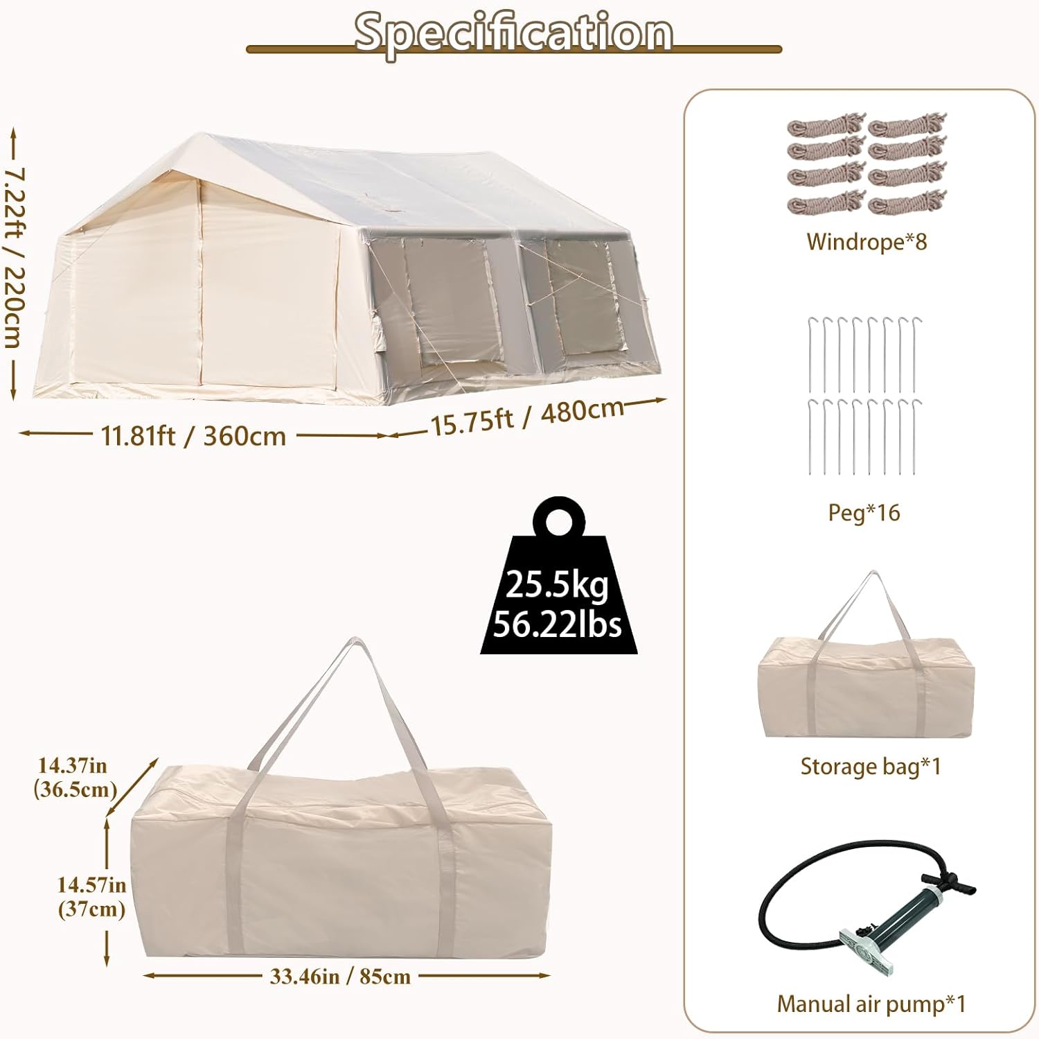 Oxford Inflatable Tent for Camping with Hand Pump, 4 Season Glamping Tents with Stove Jack for 8-12 Person, Waterproof Outdoor Party Camping Festival