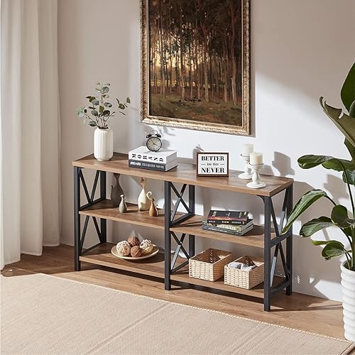 Miniatura 63 de IBF Mesa de entrada de granja, mesa consola larga rústica detrás del sofá, moderna mesa de sofá de madera de metal con estantes de almacenamiento,