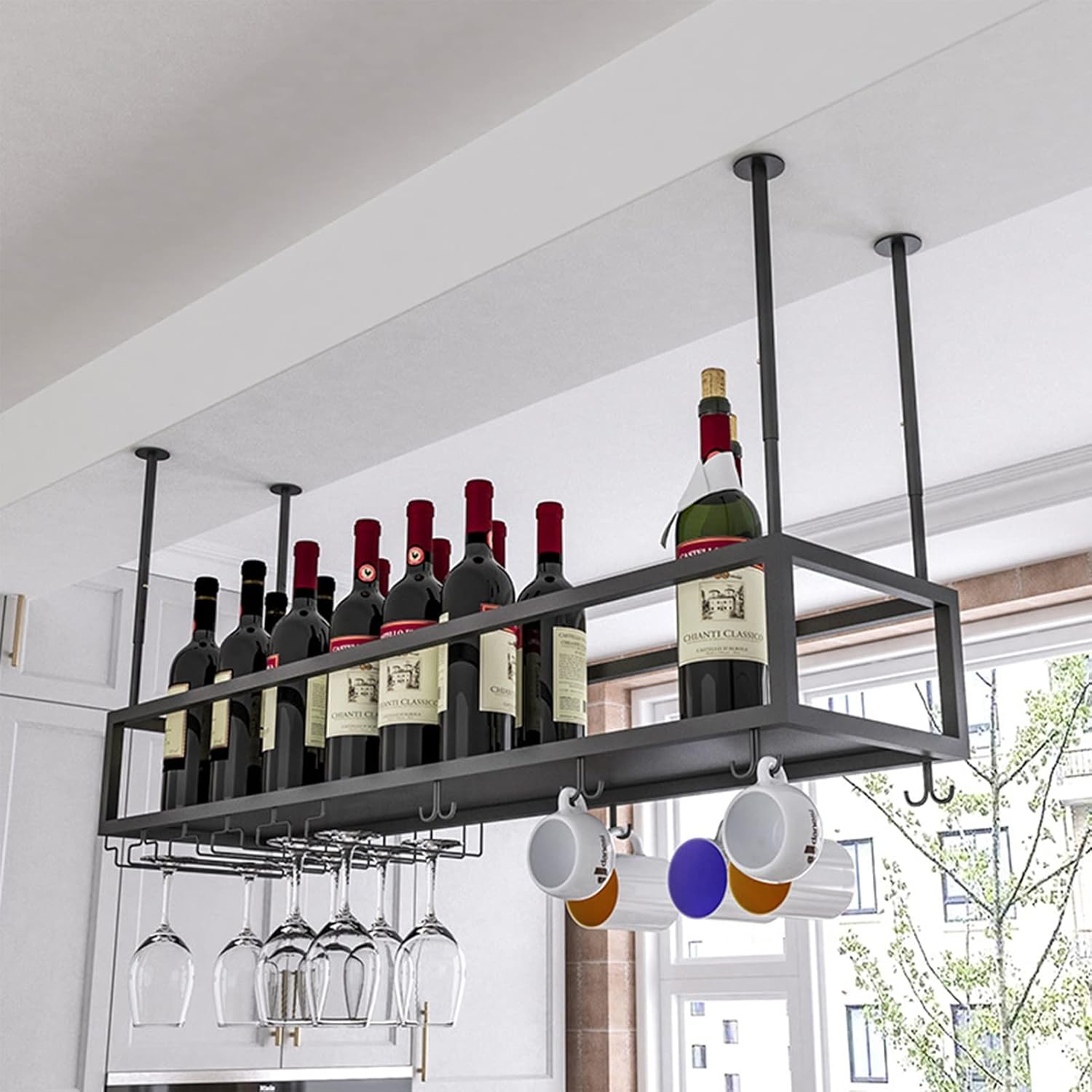 Under Cabinet Wine Rack Metal Wine Bottle Holder & Hanging Stemware Glass Shelf for Kitchen Bar Cafe Storage Stylish Black 80x25x21cm