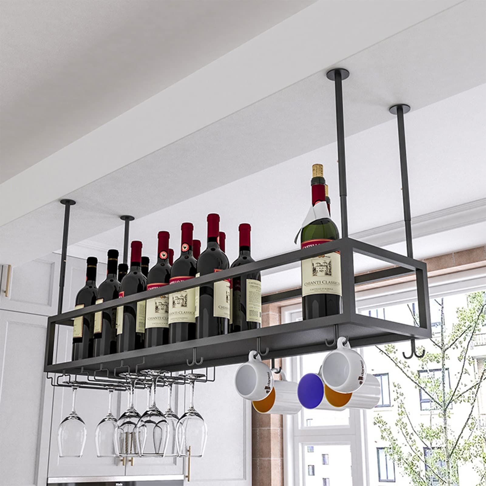 Botellero bajo Mueble - Soporte metálico para Copas y Copas de Vino, Color Negro, para Bares y cocinas (140 x 25 x 21 cm)