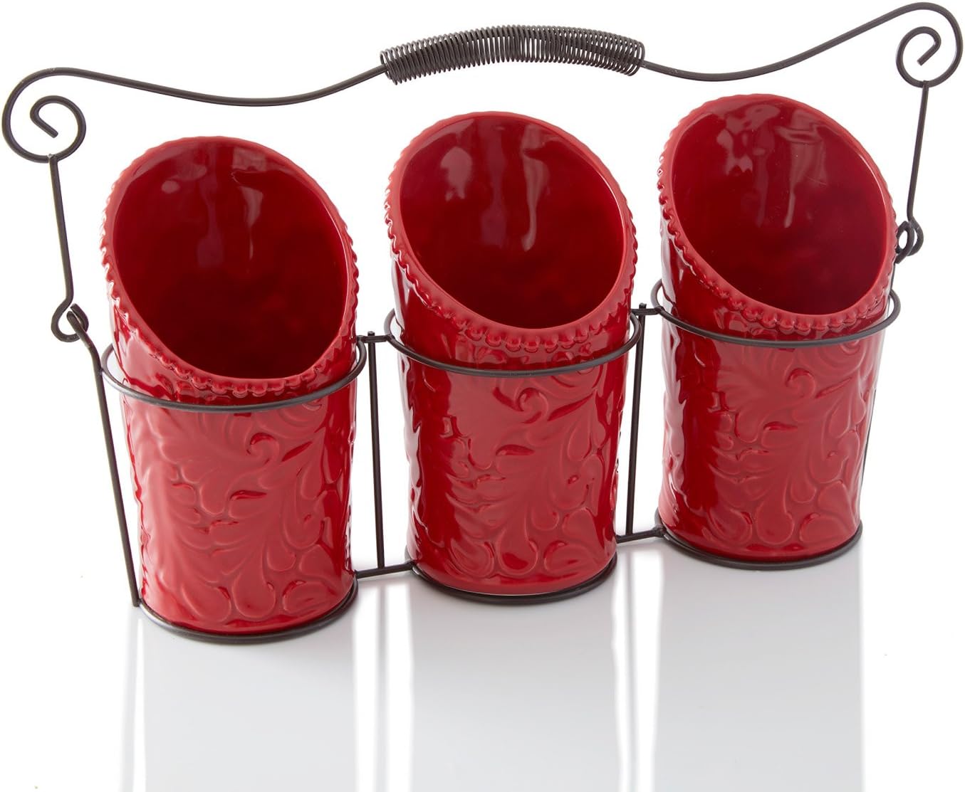 Kitchen Flatware Caddy - 3 Ceramic Utensil Holders (4" Dia x 7" H each) & 1 Wire Caddy - Red