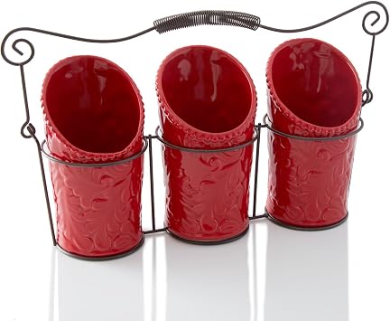 Kitchen Flatware Caddy - 3 Ceramic Utensil Holders 4" Dia x 7" H each & 1 Wire Caddy - Red