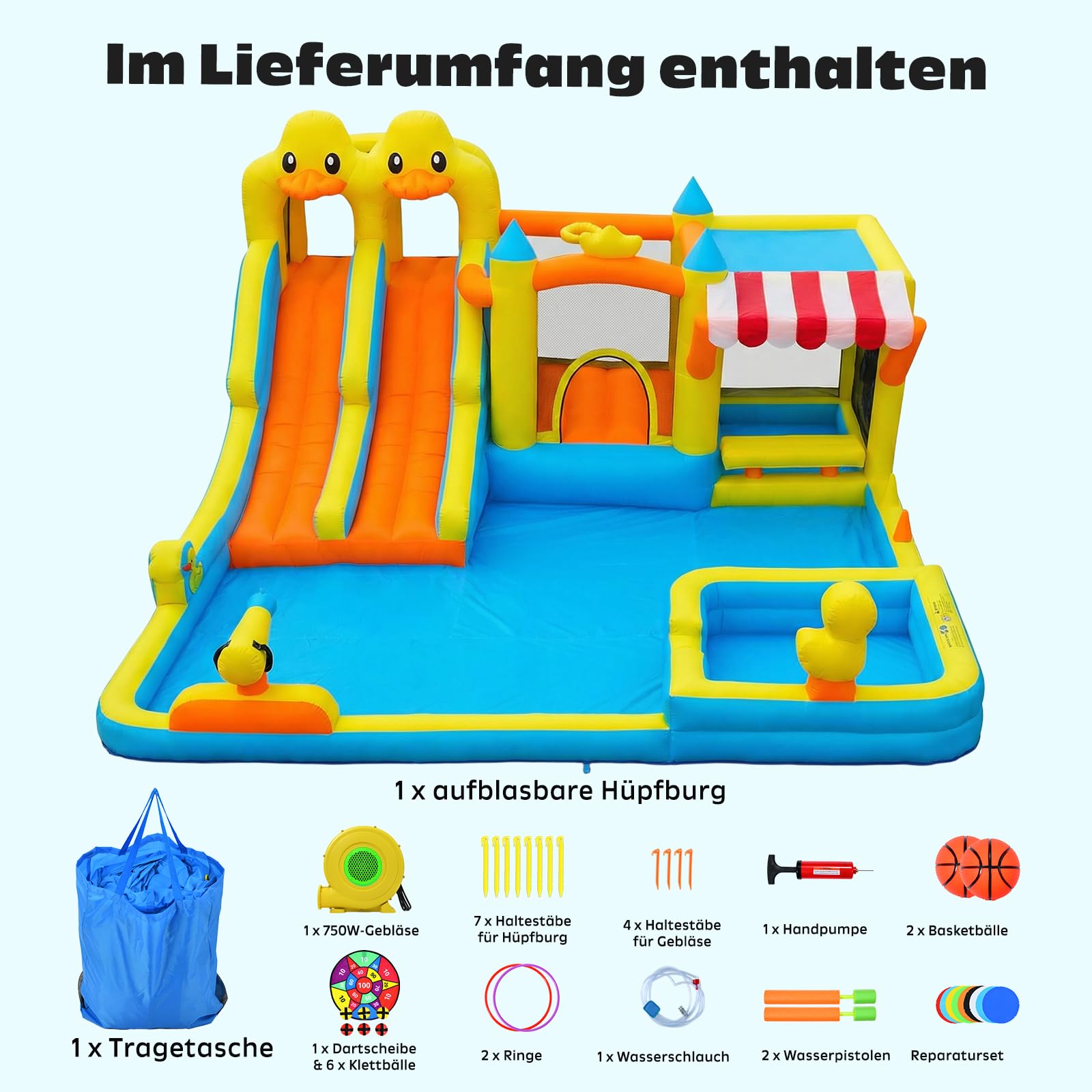 Hapfan Hüpfburg mit Wasserrutsche, 10 in 1 aufblasbare XXL Hüpfburg inkl. Gebläse mit Kletterwand, Springfläche, Wasserpistolen, Splash Pool & Basketballkorb für Kinder, Indoor/Outdoor, 536x436x245