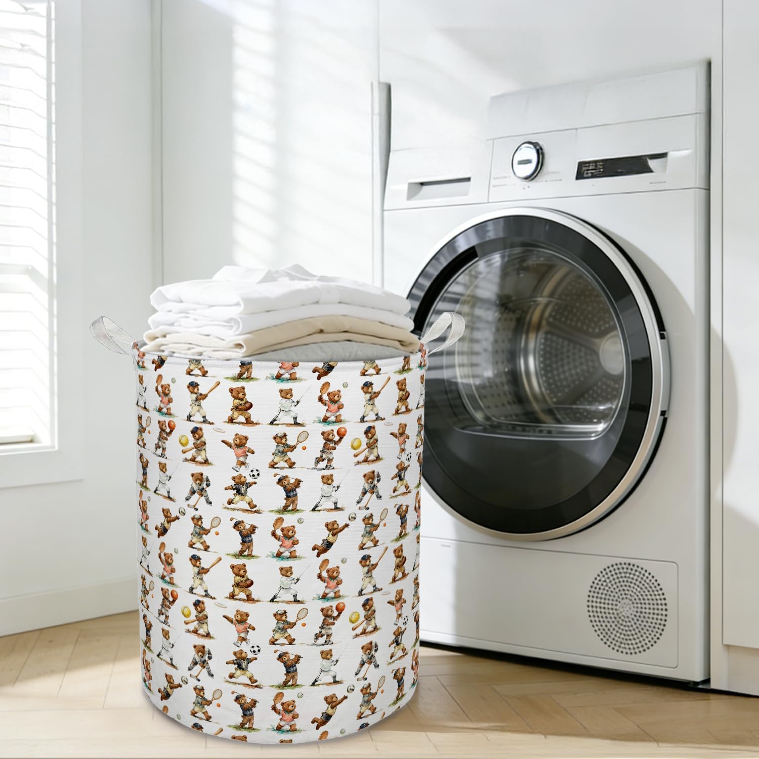 Sports Bear Nursery Laundry Basket Hamper, Sports Decor for Boys Bedroom, Cute Bear Player Foldable Clothes Toys Books Storage Box Bins Baskets Organizer for Kids Boys Room Playroom