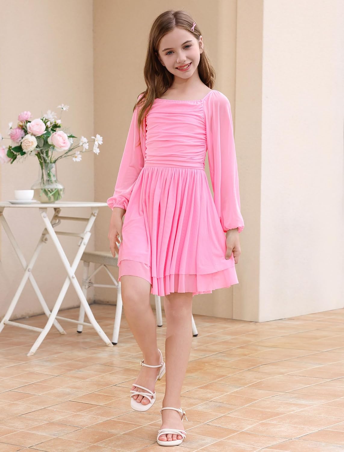 IBAKOM Teen Girl Puff Long Sleeve Square Neck Prom Dress Junior Homecoming Wedding Outfits Tween Fancy Pageant Birthday Dress