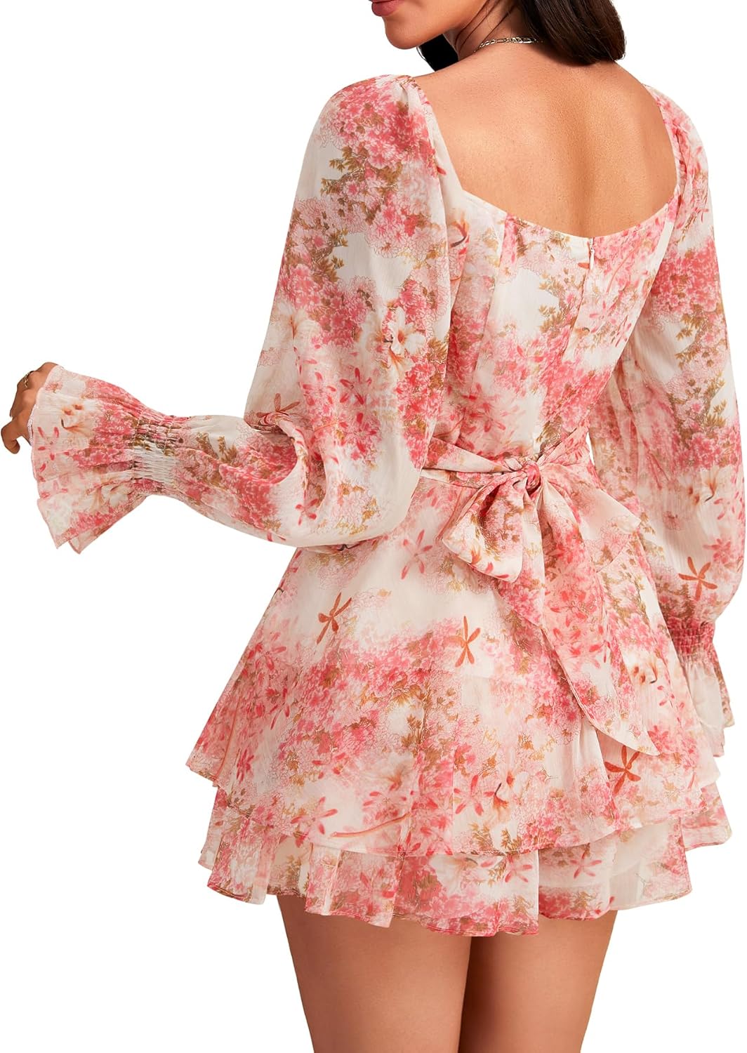 LYANER Women's Floral Print Off Shoulder Long Sleeve Ruffle Hem Romper Short Jumpsuit - Image 2