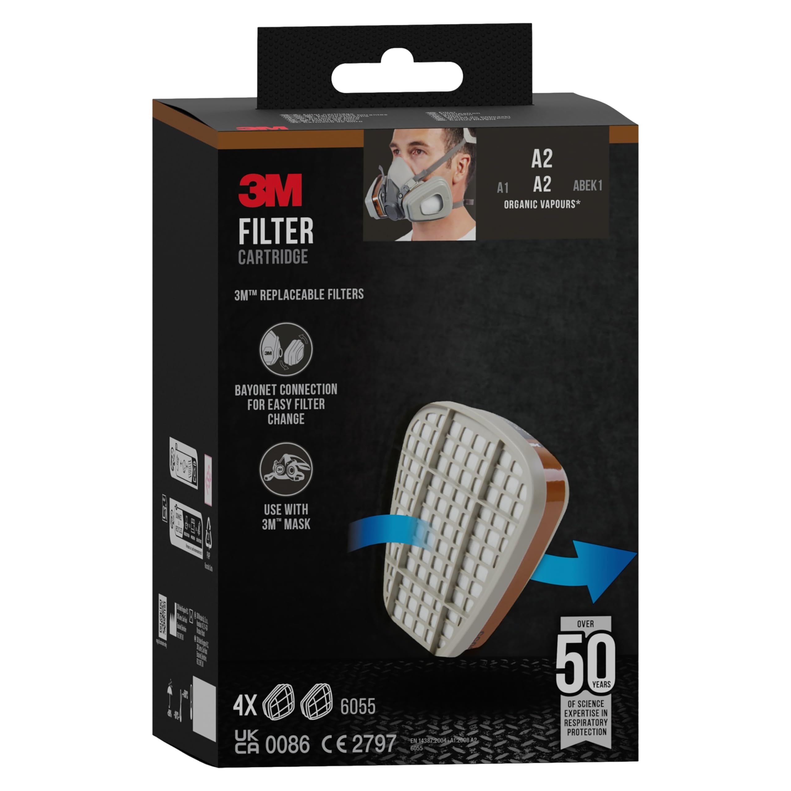 3M Filterpatrone 6055, A2 Organische Dämpfe, 4 Paar/Packung