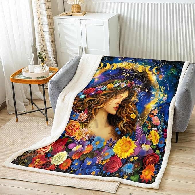 Virgo Throw Blanket,Constellations Astrology Zodiac Trippy Bed Blanket for Girls Boys Adults,Sun Moon Galaxy Daisy Flowers Fleece Blanket,Blue Romantic Fuzzy Blanket,40 x 50 Inches