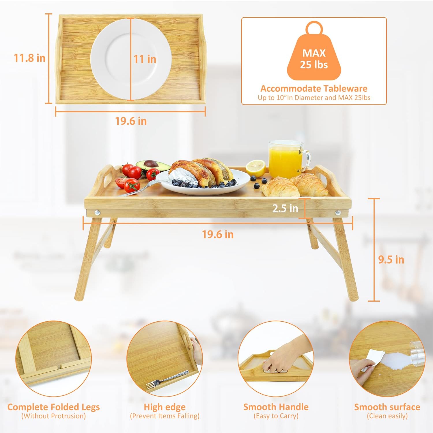 augtarlion Bamboo Breakfast Trays, Bed Tray with Folding Legs Foldable Breakfast Trays Table with Carring Handles Portable Laptop Desk Snack Tray Serving Tray for Reading, Eating, Working (20 Inch)