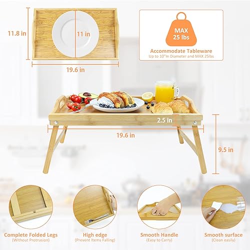 Miniatura 3 de augtarlion Bandejas de desayuno de bambú, bandeja de cama con patas plegables, bandeja de desayuno plegable con asas de carrito, bandeja portátil