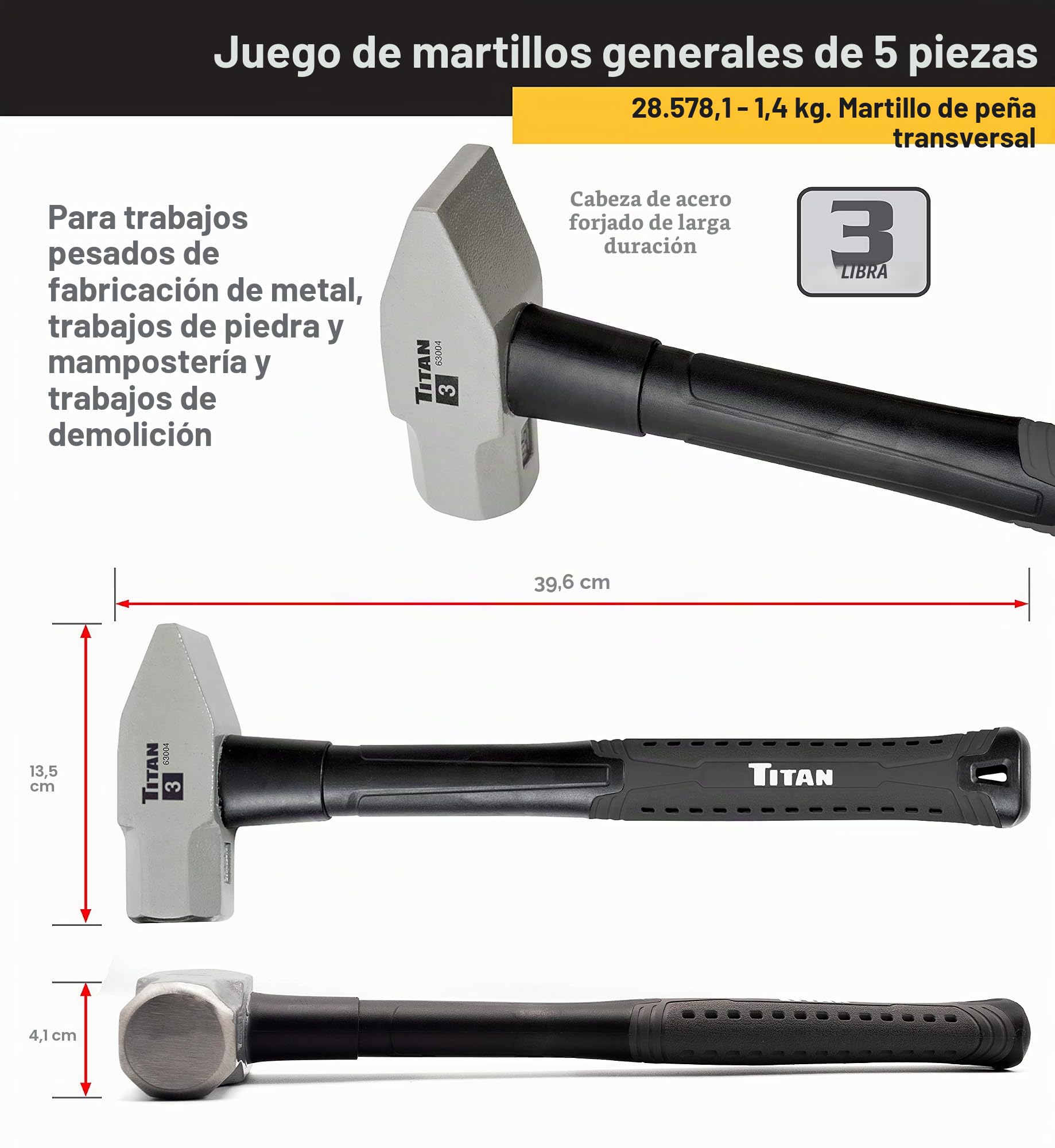 Titan 63125 - Juego de 5 martillos, martillo de bola de 453,59 g y 0,91 kg onzas, mazo de goma de 32 0,91 kg, Mazo de 1,36 kg y martillo de cabeza plana cruzada de 1,36 kg