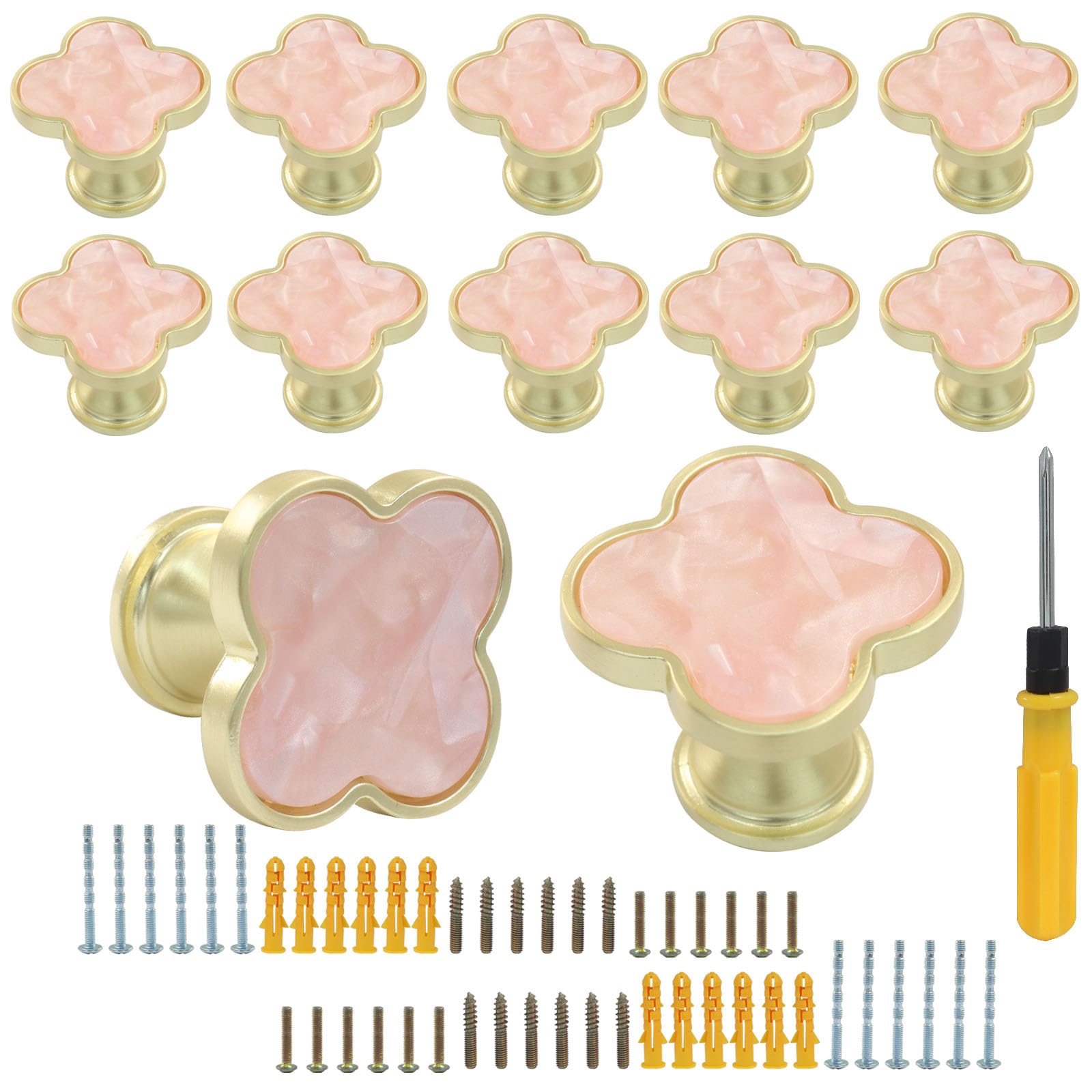 Cjueiom 12 Pcs Four-Leaf Clover Knobs, Creative Door Knobs, Elegant Cabinet Handles for Wardrobe, Dresser & Bathroom, Durable Zinc Alloy, Easy Installation, Single Hole Design (Pink)