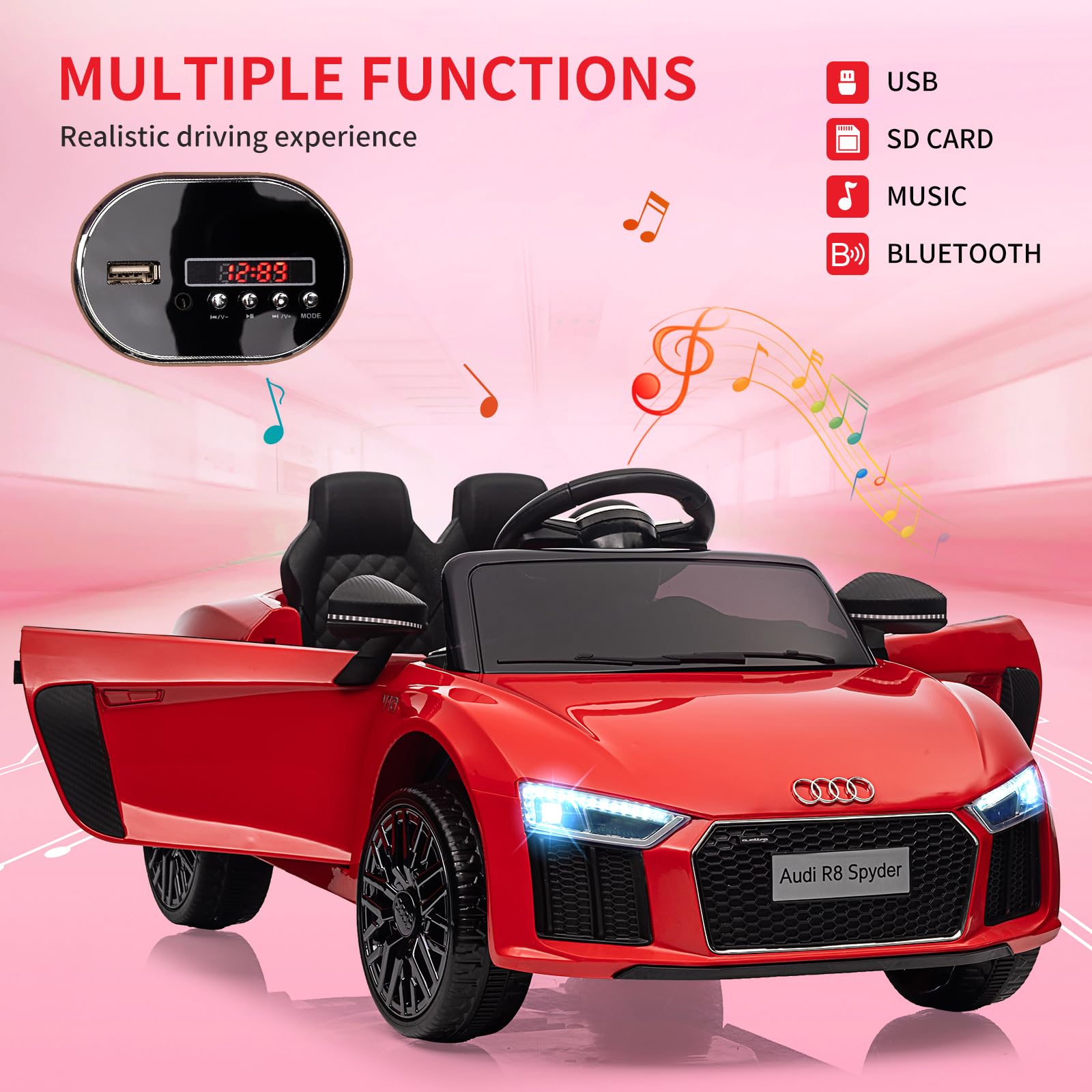 Audi Kinder-Sportwagen Kinder Elektroauto 12V – Offiziell Lizenziertes Kinderfahrzeug mit Fernbedienung, LED-Scheinwerfern, Hupe, Musik, Sicherheitsgurt, Sanftanlauf, Federung, Akku – Für
