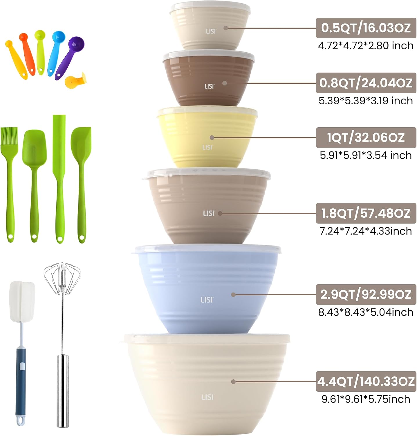 LISI 23-Piece Plastic Mixing Bowls with Lids | 6-Piece Nesting Set