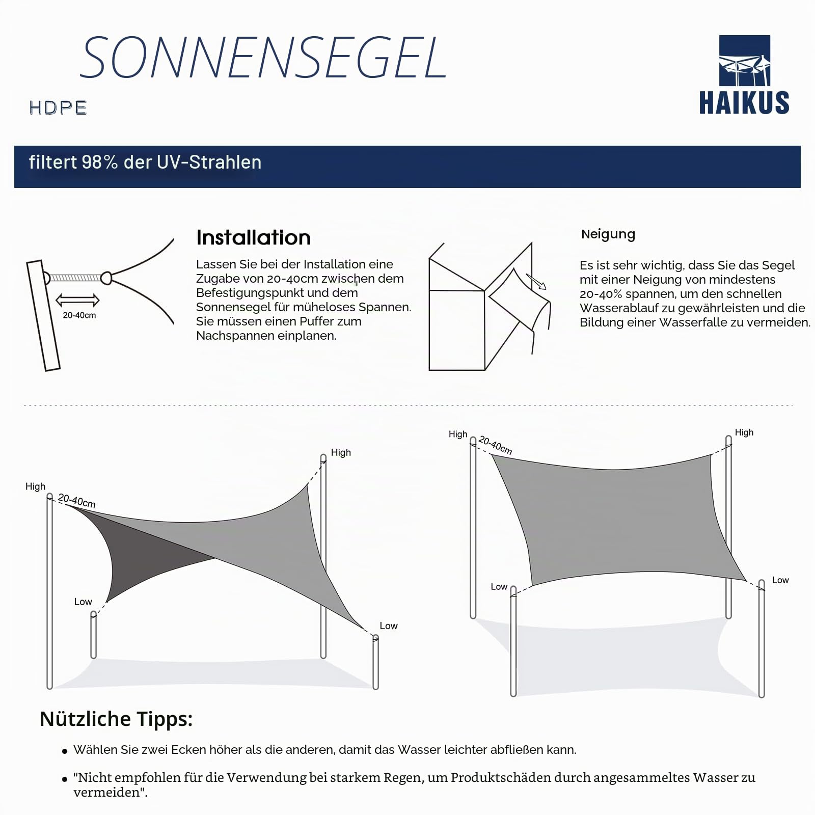 HAIKUS Sonnensegel 5x5 m Quadratisch, Premium HDPE UV Schutz Sonnenschutz Atmungsaktiv Wetterbeständig für Garten Balkon und Terrasse, inkl Befestigungsseile, Quadrat 5x5m Hellgrau