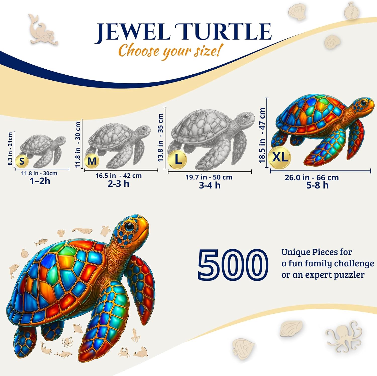 Goldbird Eco-Friendly Wooden Puzzles for Adults - 500 Piece Puzzles for Adults - Stained Glass Turtle - Deep Stress Relief - Premium Gift Box - Whimsical Wood Puzzles Pieces - 26.0 × 18.5 in