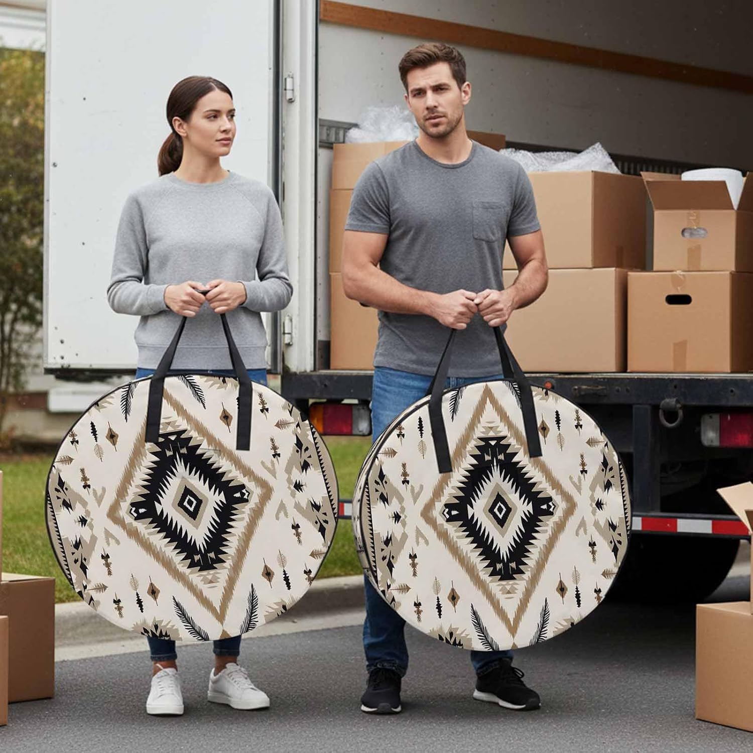 Abstract Weaving Pattern Round Storage Bag 36 Inch, Brown Ethnic Style Retro Art Clothes Storage Container with Handles Heavy Duty Organizer for Comforter, Bedding & Holiday Wreaths