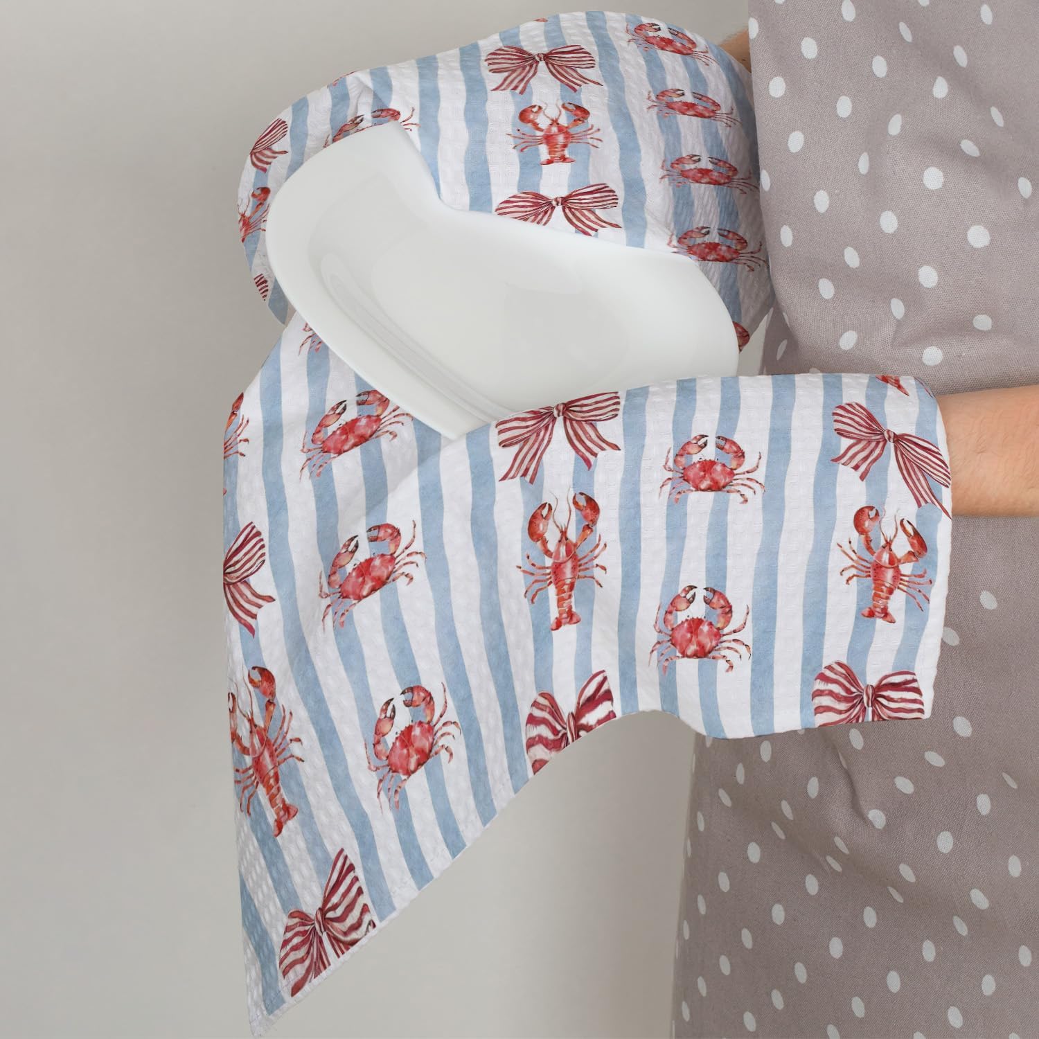 Red Coquette Bow Lobster Crab Coastal Kitchen Towels 16x24 Inch, Seafood Boil Party Supplies, Light Blue Striped Nautical Beach Decorative Hand Tea Towels for Kitchen Bathroom image 4