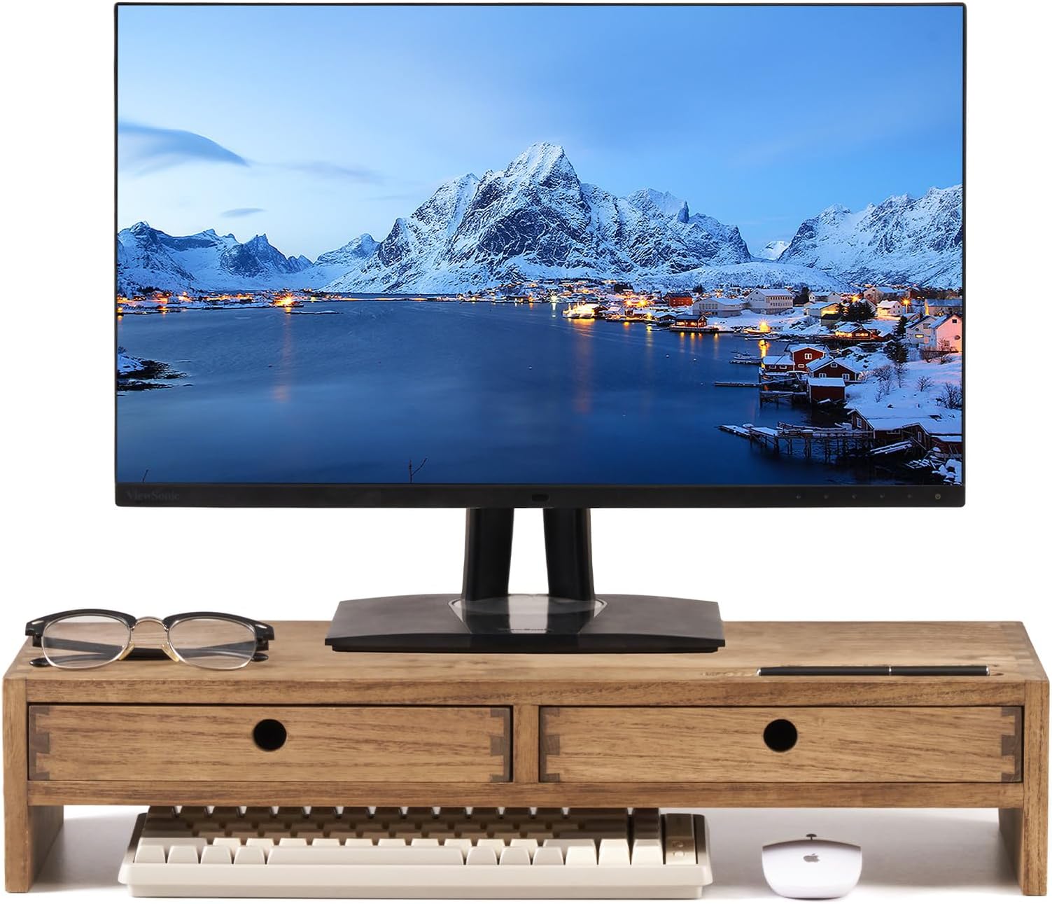 KIRIGENWood Monitor Stand with 2 Drawers - Computer Arm Riser Desk Storage Organizer,Speaker TV Laptop Printer Stand with Pen Slot and Cable Management,Dark Brown Desktop Shelf for Office DBR-2PMJ