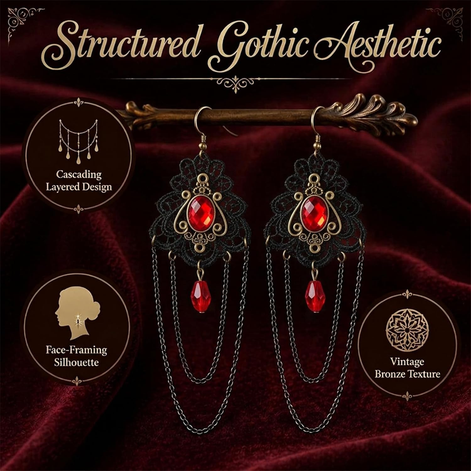 Goth Vintage-Inspired Chic Vintage Delicate Black Floral Dainty Lace Design Elegant Unique Teardrop Shape Statement Gothic Jewelry Ideal Accessory for Women image 4