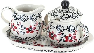 Blue Rose Polish Pottery - Red Scarlett Ivy Sugar & Creamer with Tray - 6 oz Creamer - Hand-Painted Polish Pottery Ceramic Creamer & Sugar Bowl with Lid