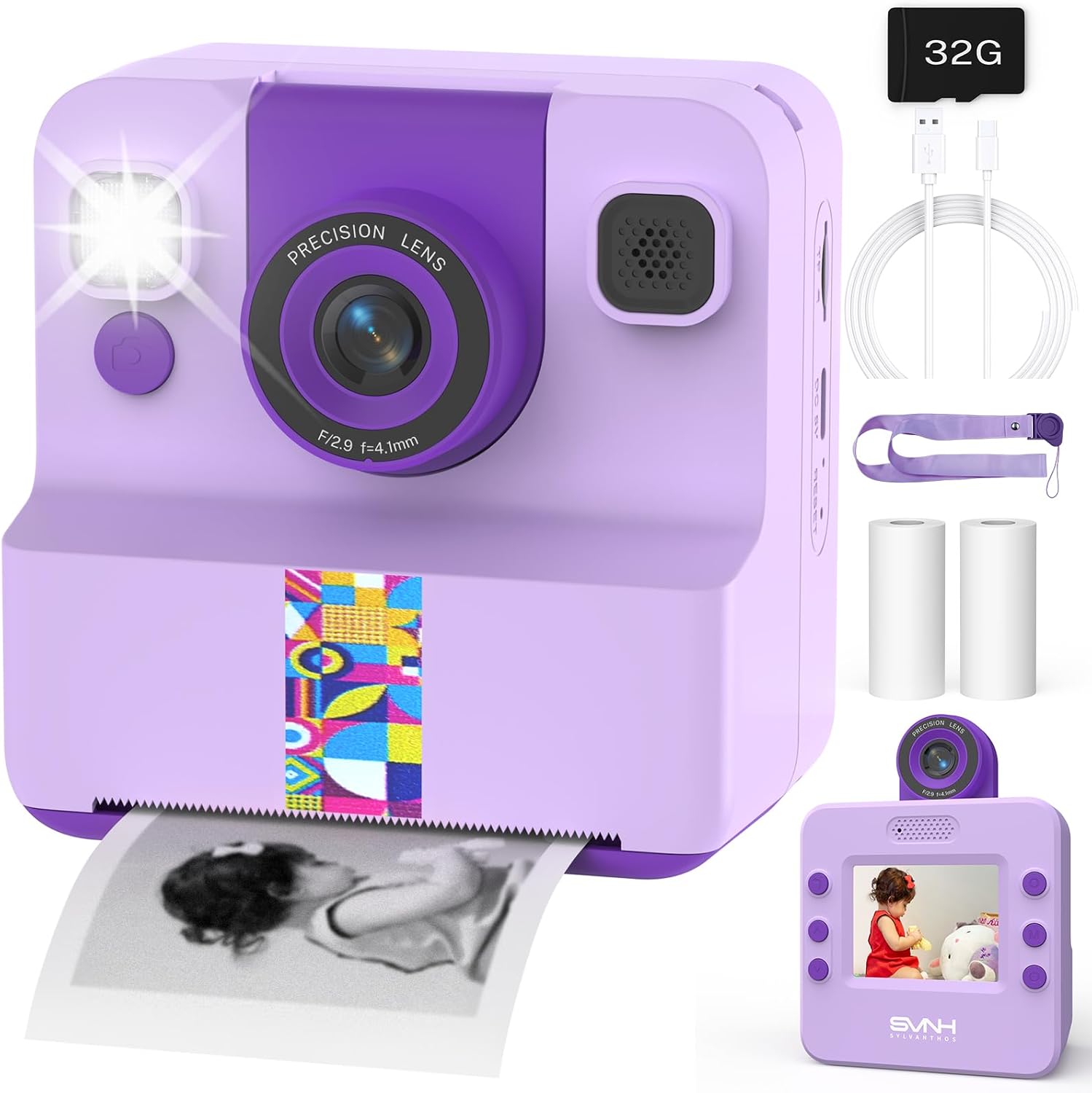 Kids Camera Instant Print, Digital Camera for Kids, 180° Rotating Selfie Lens with 32GB SD Card & 2 Rolls Printing Paper Kids Toy Birthday Gifts for Boys Girls Ages 3-12, Purple