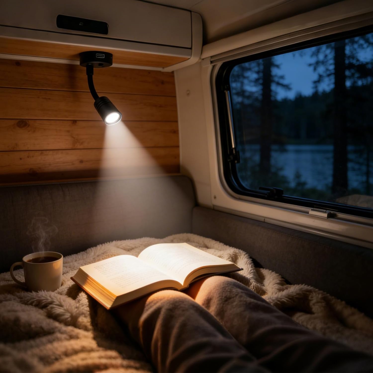 THALASSA Black RV Flexible Gooseneck Reading Light 6000K White and Blue Night Light Mode with USB-C and USB Ports 12V for Motorhome, Camper, Truck, Travel Trailer, Caravan Van Bedside Use