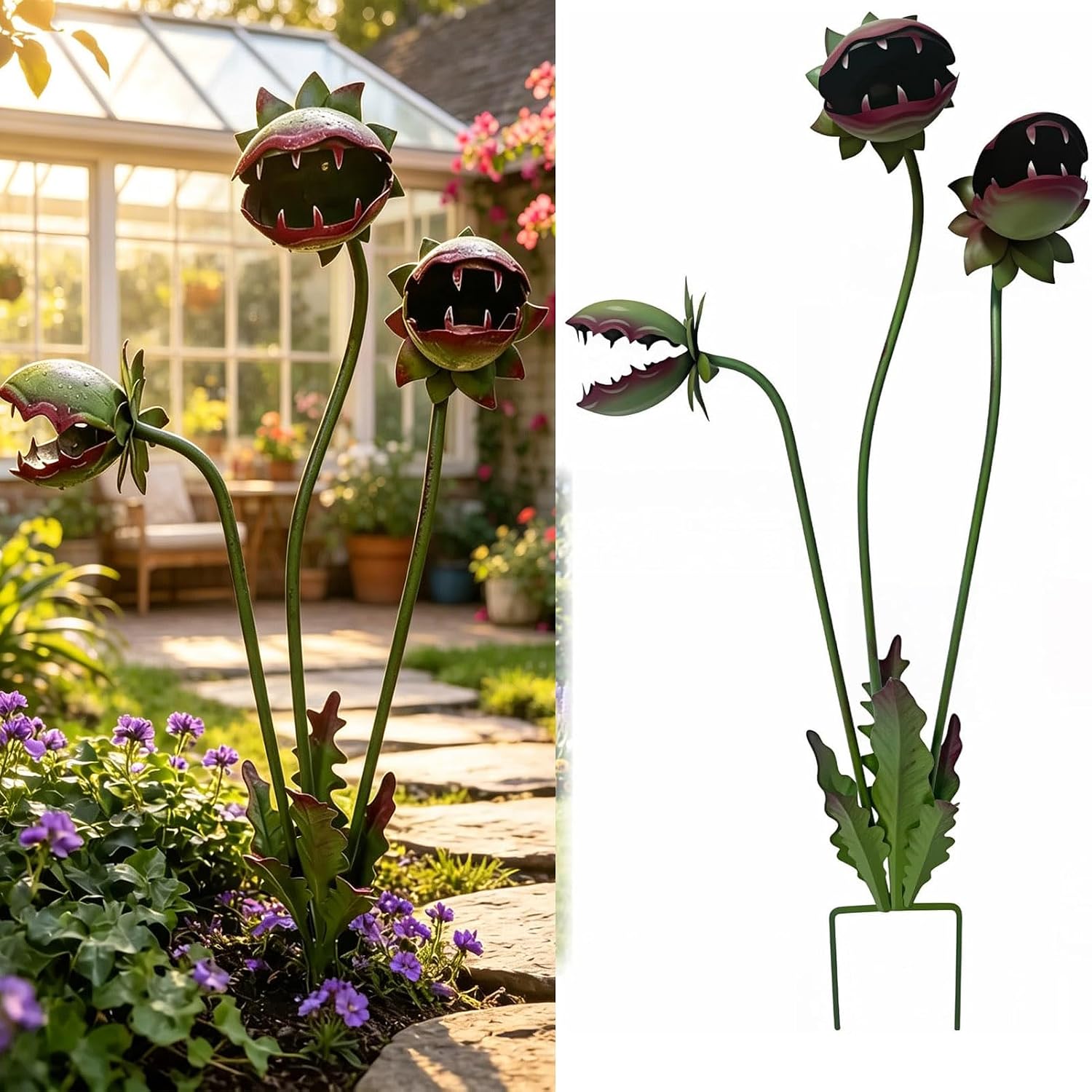 Whimsical Metal Carnivorous Plant Garden Stake, 25-Inch Handmade Venus Flytrap Monster Sculpture, Unique Quirky Yard Art for Garden Patio Lawn Flower Beds, Durable Outdoor Decor Gift (Green)