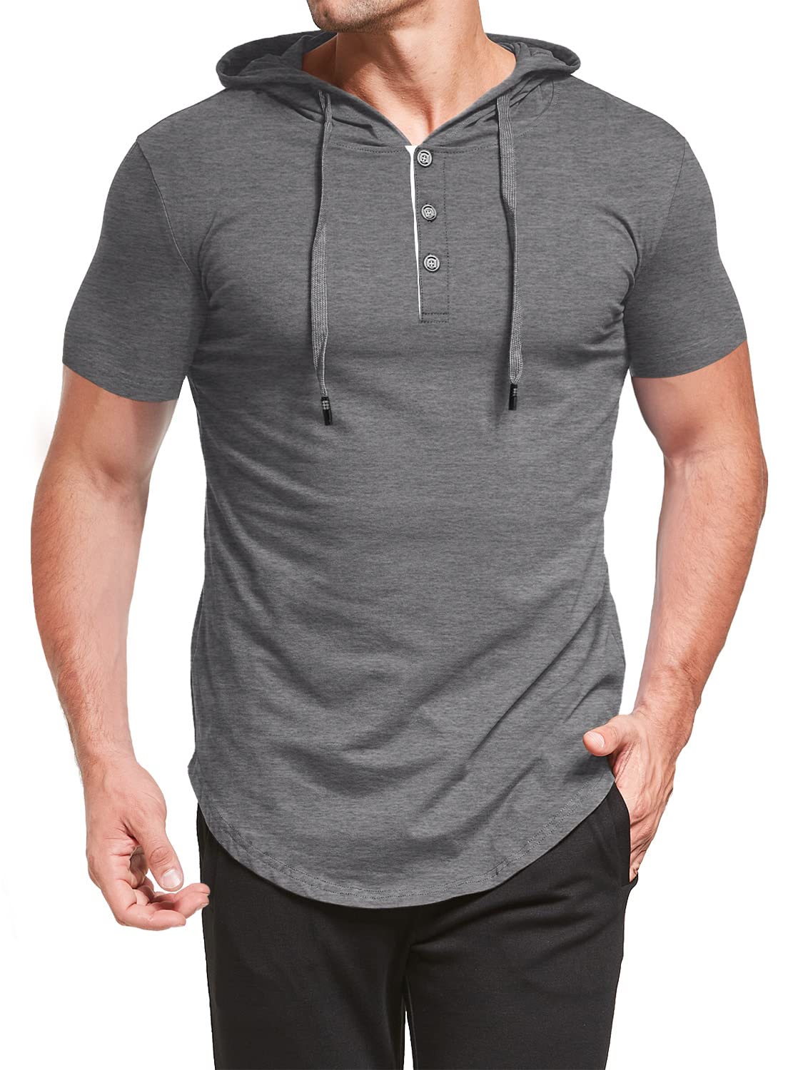 KUYIGO Uomo Felpa con Cappuccio Manica Corta Moda Sportiva in Cotone per Allenamento con Bottoni Pullover Hip Hop con Cappuccio Taglie Plus S-5XL