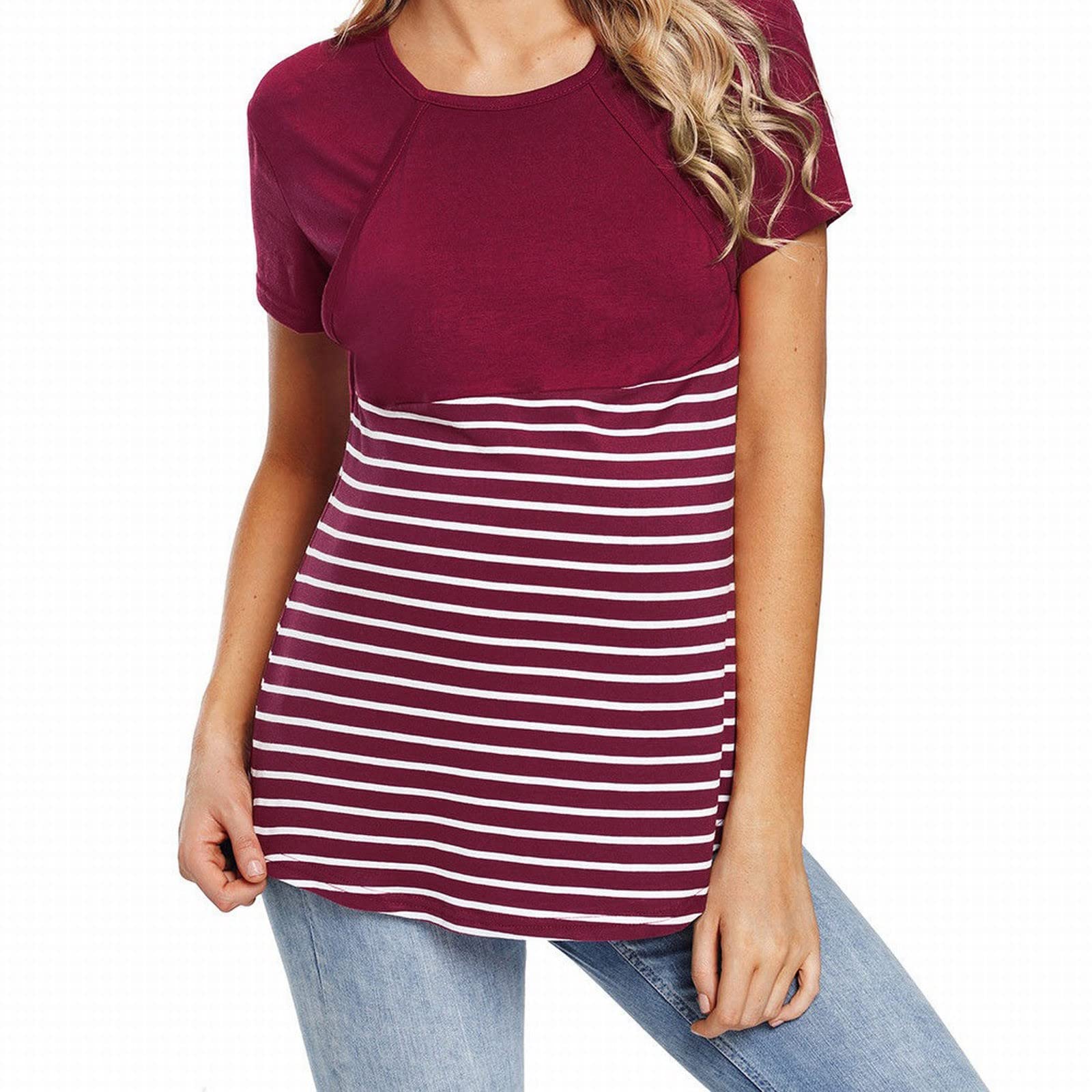 Maternity Shirt Short Sleeve V-Neck Stripes Basic Maternity Top Pregnant Tops Maternity Top Nursing Top Women's Pregnancy Tops Maternity Shirts Nursing T-Shirt Women's Nursing Tops
