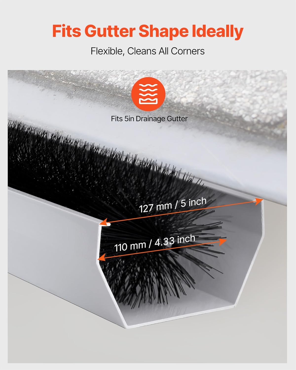 VEVOR Gutter Brush, 4.33 inch Diameter 120 Feet Total Length Gutter Cleaning Tools, Ground-Level Brush Leaf Guard for 5 Inch Gutters, Easily Clear Roof Leaves and Debris, 40 Pack