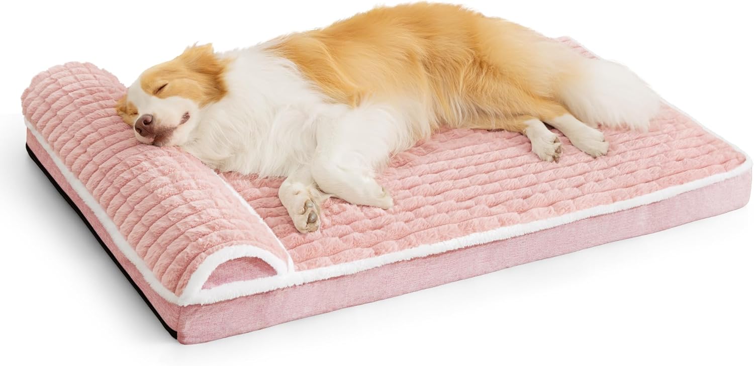Orthopedic XL Dog Bed Large Sized Dog with Pillow 42''X28'', Waterproof Soft Comfortable Egg Crate Foam Pet Crate Beds Mat with Removable Washable Cover and Non-Slip Bottom, Pink