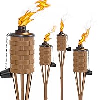 ONETHATCH Synthetic Bamboo Citronella Torches 4-Pack Brown - 60" Weatherproof Outdoor Tiki Lights for Patios, Luaus, Gardens
