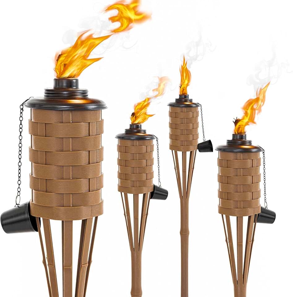 ONETHATCH Citronella Torches (Brown Color, 4pack); Bamboo Torch, Perfect for Outdoor Lighting, Luau, Summer Parties, and Garden Decor; Wide-Mouth Metal Canister, Stands 60" Tall.