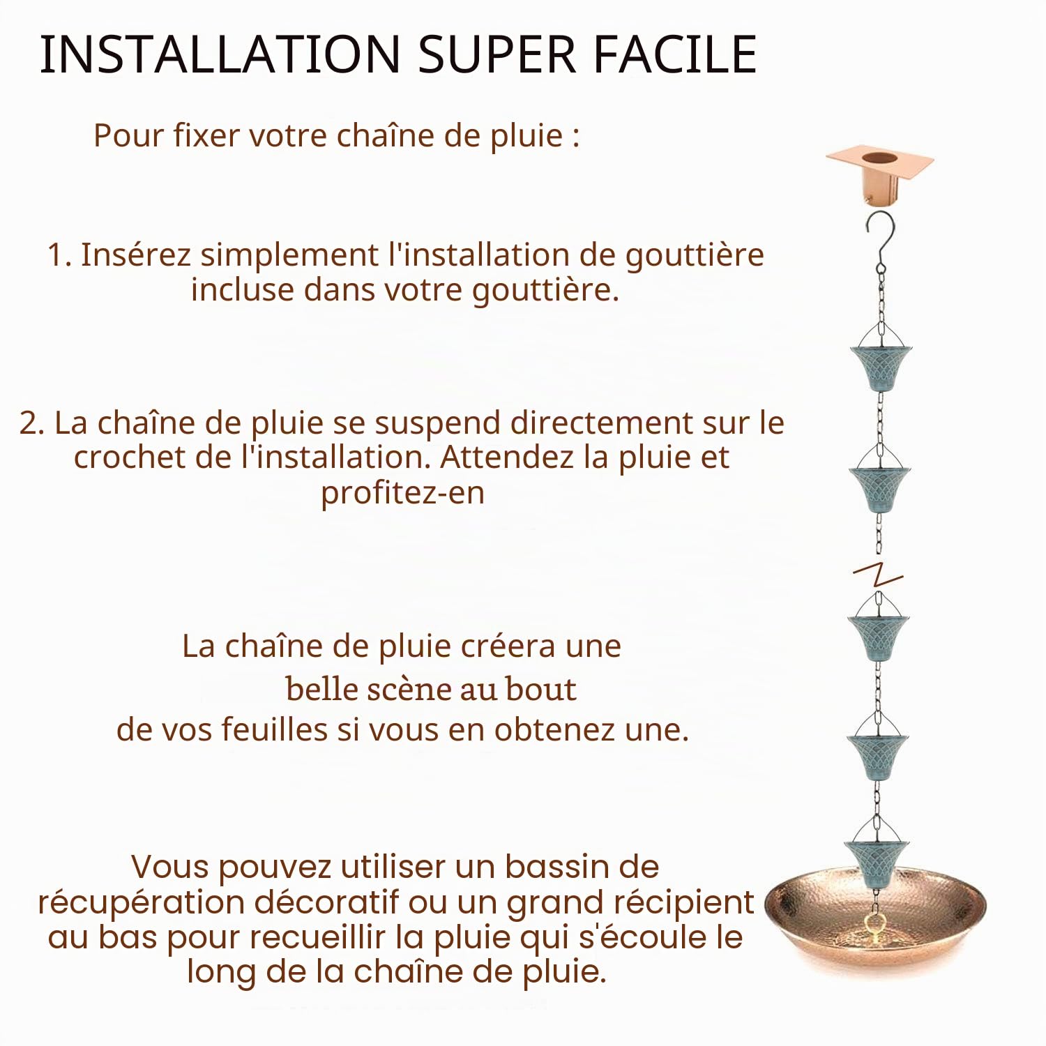Chaînes de Pluie en Fer pour gouttière et tonneau de Pluie en Fer de 2,6 m – Plaqué résistant à la Rouille pour Tuyau de Descente – Adaptateur de gouttière en Bonus – Bleu Ciel Antique