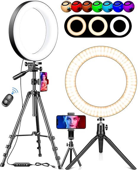 8? Selfie Ring Light with Stand and Phone Holder MUTUDU RGB Ring Lights with 1 Adjustable Tripod & 2 Desktop Stands Led 10 Dimmable & 14 Colors for Phone Makeup Computer TikTok Video Conference