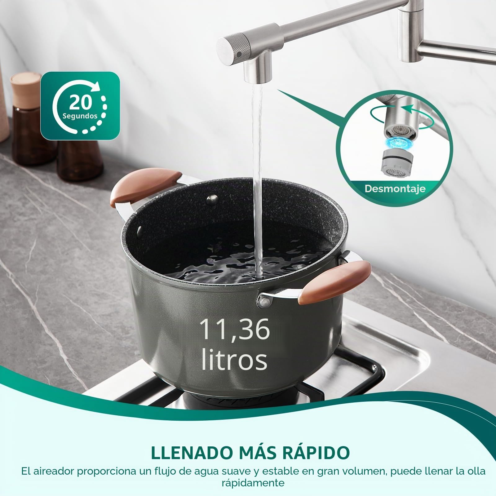 CREA Grifo de pared plegable para cocina,grifo de cocina, Grifo para Fregadero, 360° Giratorio Plegable, para fregadero de cocina con dos asas,para Grifo de Agua Fría y Caliente,Acero Inoxidable | Grifo de cocina para fregadero giratorio 360°, grifo de co