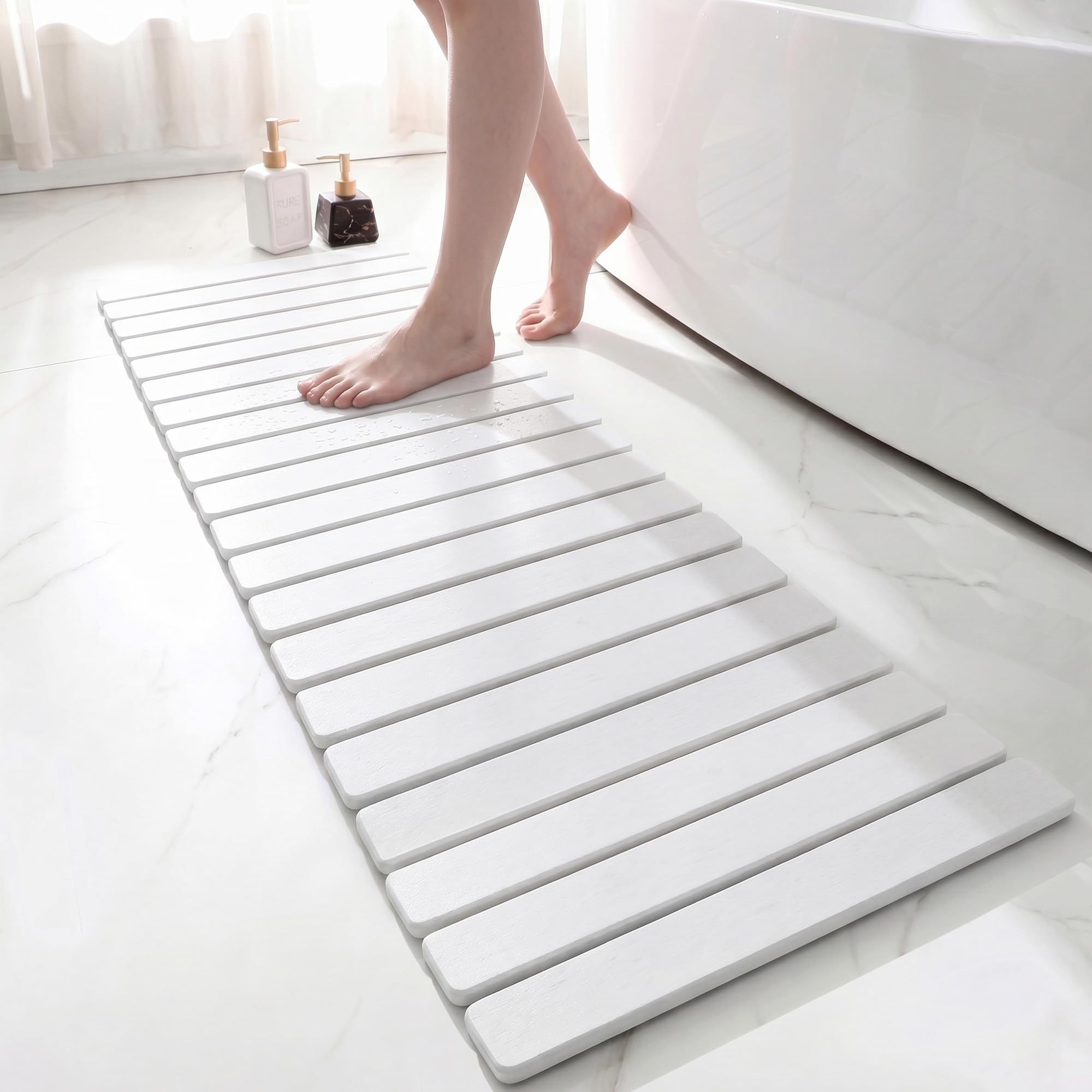 Foldable Stone Bath Mat Counter 120 x 40 cm，Diatomaceous Earth Shower Stone Quick Drying Pad Reusable Dish Drainer Mat with Non-slip Pad and Sandpaper，Bathroom Floor Mat for Kitchen & Bath — image 1