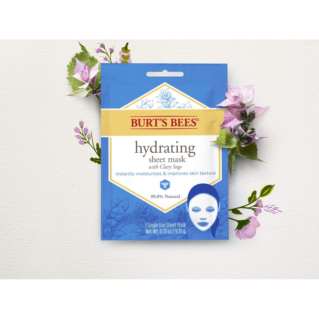 Burt's Bees Hydrating Face Mask with Clary Sage, Single Use Sheet Mask, 6 Count (Package May Vary)