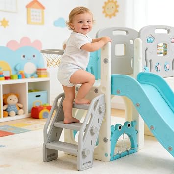 11-in-1 Multi-Activity Toddler Playset with Slide, Basketball Hoop & Telescope - Indoor/Outdoor Playground (Blue+Beige)