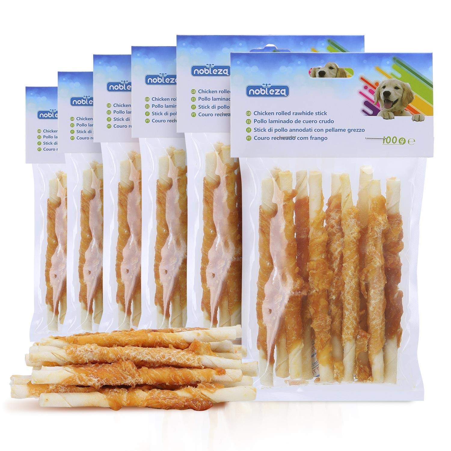 Nobleza - 600g Snack Perro Palitos de Piel de Buey Enrollados con Pollo Deshidratado, Ricos en Proteínas y Bajos en Grasas - 12cm
