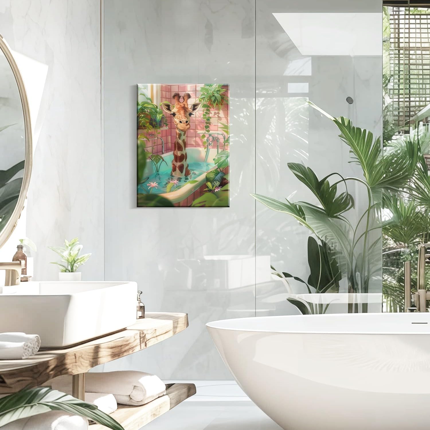 Framed Giraffe in Bathtub Canvas Wall Art Botanical Animal Pattern Maximalism Animals in Bathtub Poster Print Picture Tropical Bathroom Jungle Bathroom Toilet Wall Decor 16x24 Inch Ready to Hang
