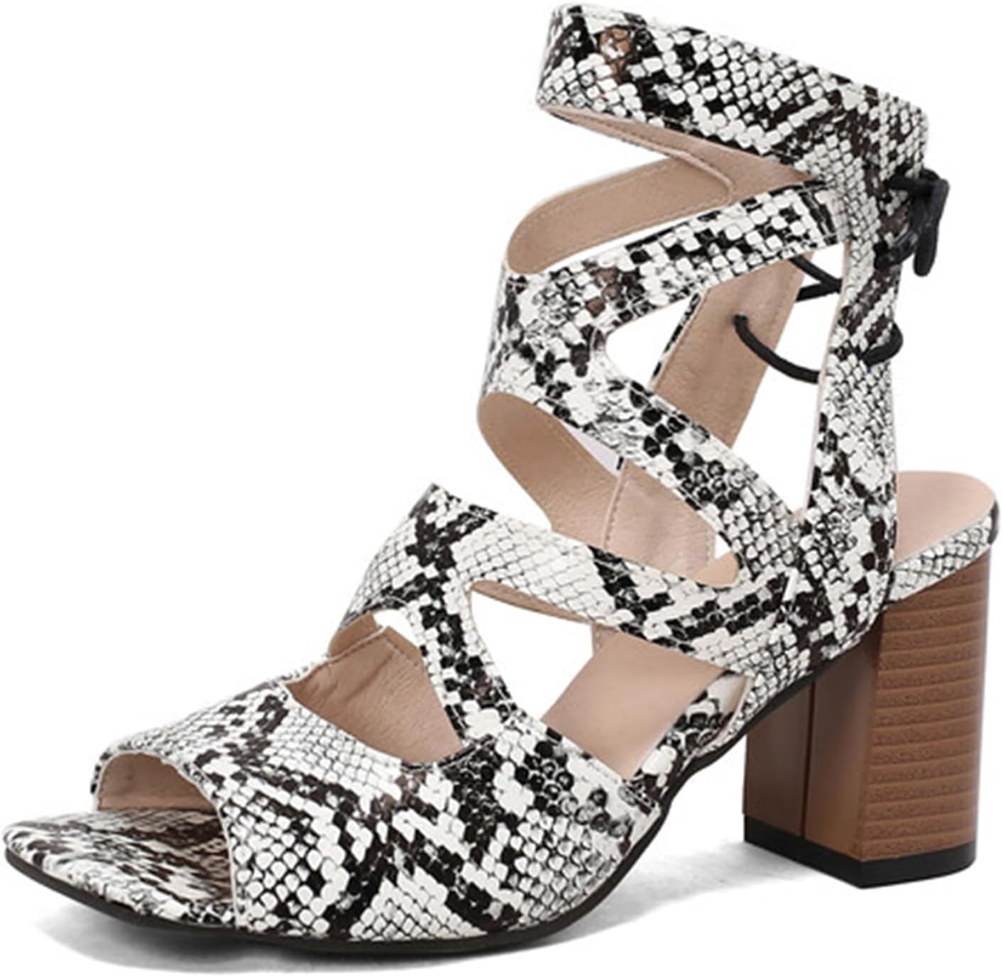 Chunky Stacked High Heel Sandals for Women Open Toe Lace Up Strappy Slingback Stylish Dressy Shoes Summer Vacation Holiday Party Event Prom Dating