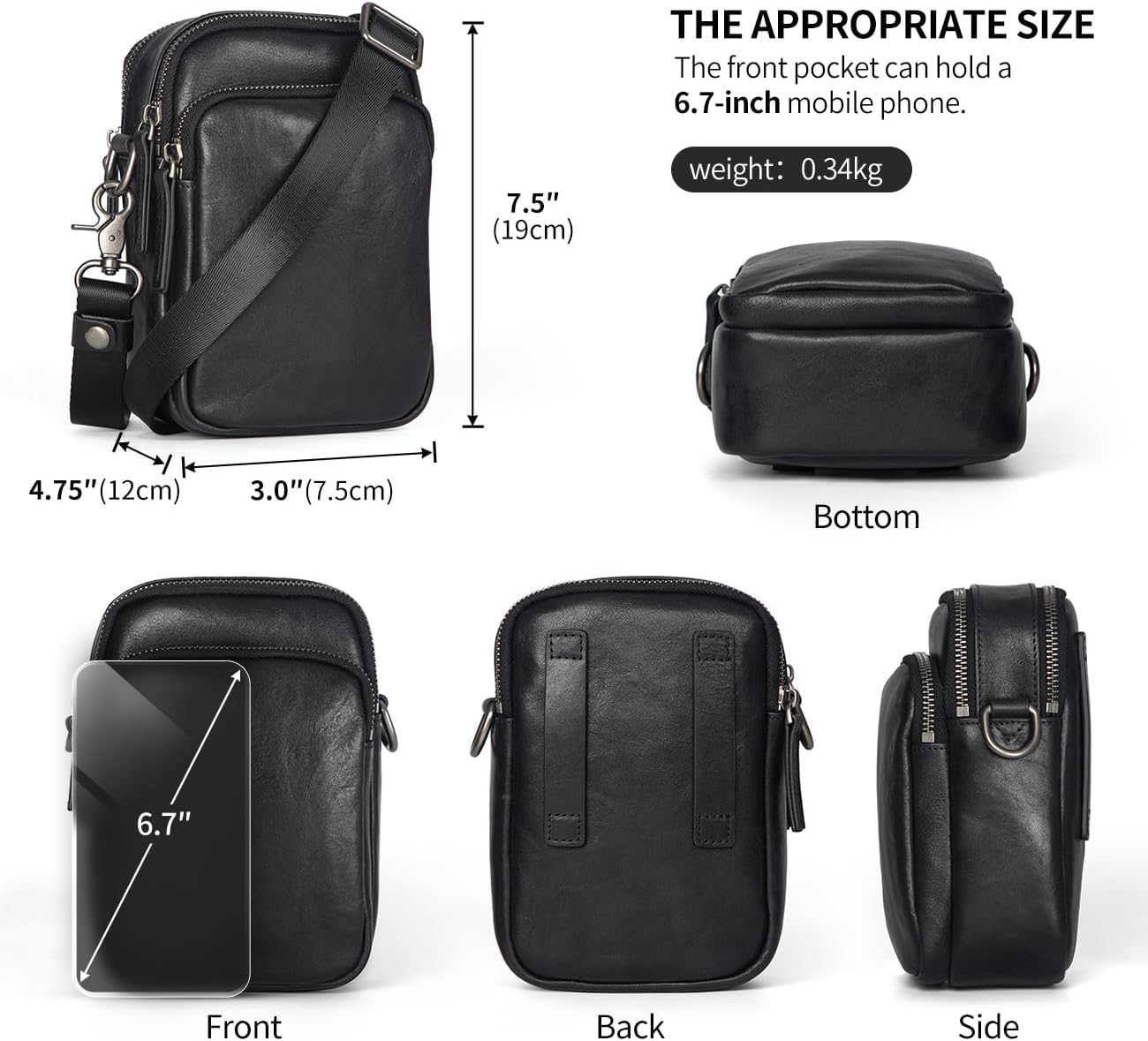 Augus Leather Messenger Crossbody Shoulder Bag for Men Work Business Casual Adjustable Straps (Black-1) (Black-1, smaill) - Image 7