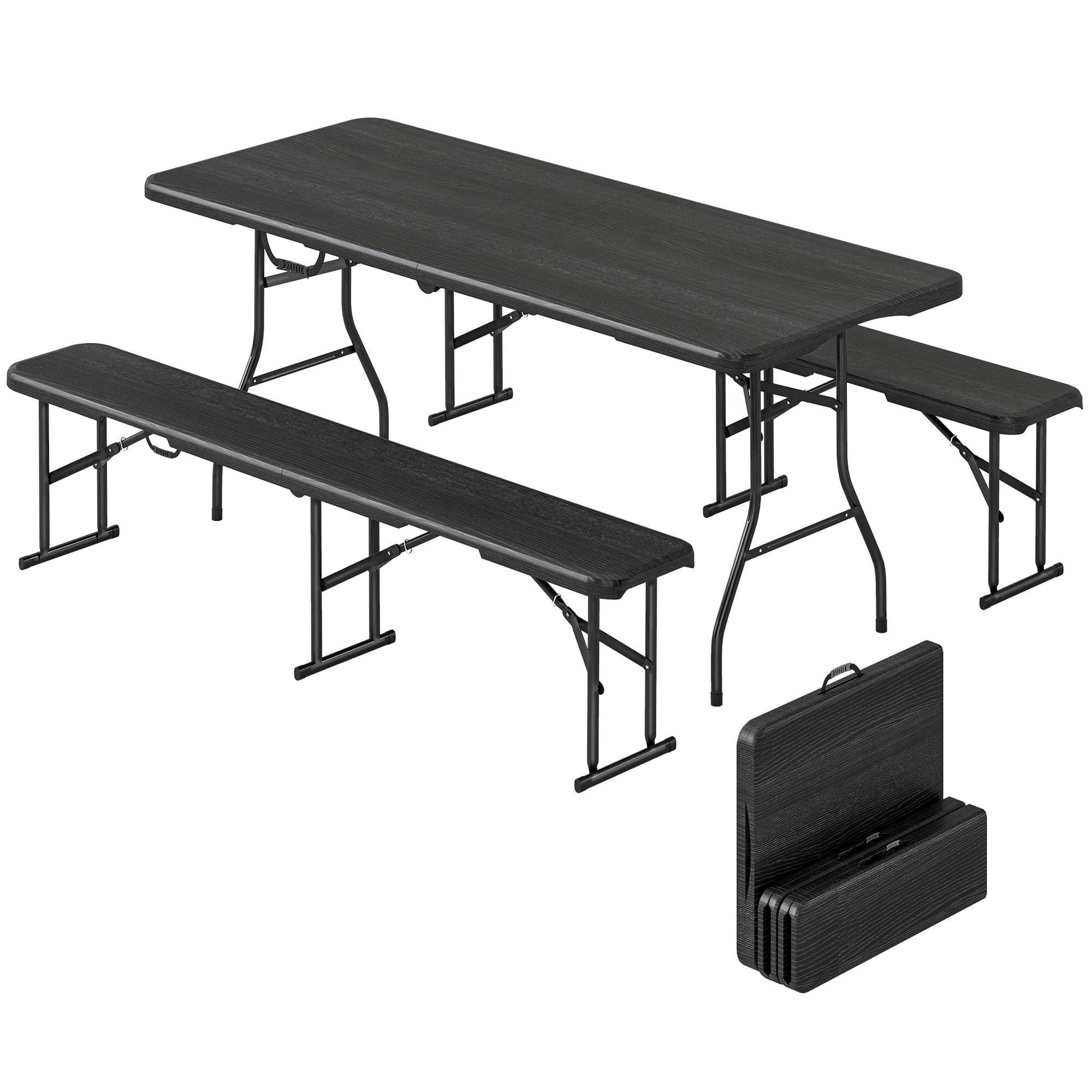 Outsunny Ensemble Table Pliante et bancs de Pique-Nique 180 cm, Table Camping Pliante avec chaises Portable avec poignées de Transport, Banc Pliable pour terrasse, Jardin, Barbecue, Noir